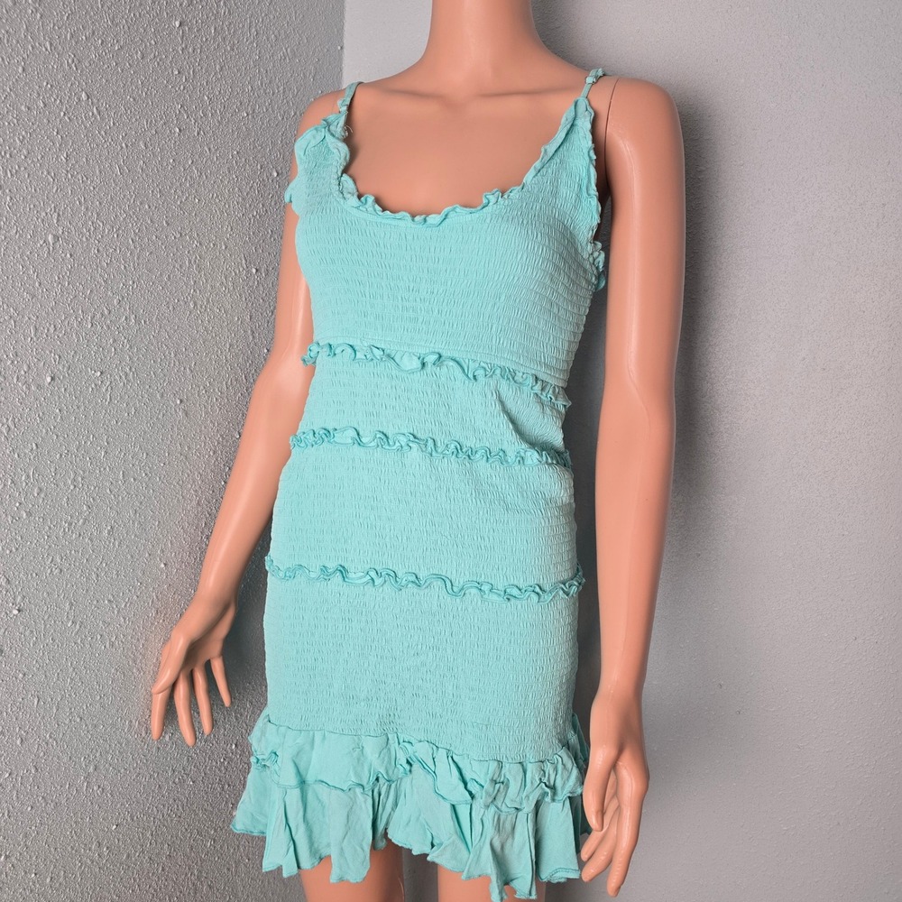 Revamped Y2Kโ Turquoise Blue Smocked Ruffle Bodycon Mini Dress, Size Medium